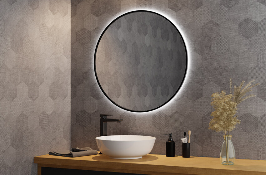 LED-beleuchteter runder Wandspiegel mit schwarzem Rahmen