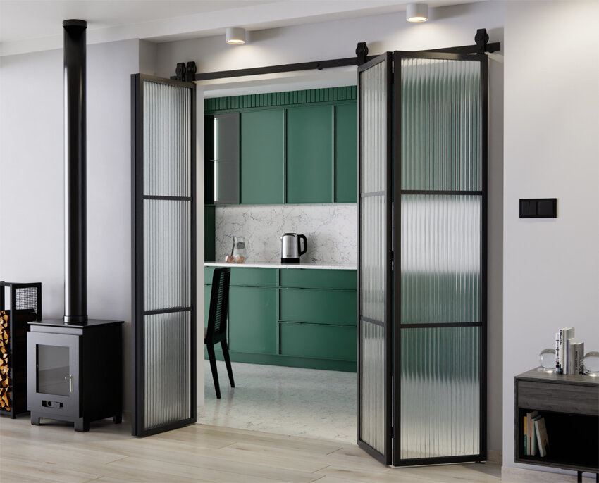 SCHIEBE-FALTTÜR DOPPEL-ALUMINIUM-DACHBODEN FLUTEZ ORNAMENTGLAS